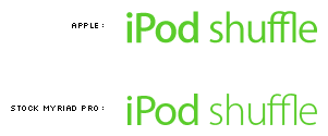 Apple’s iPod shuffle logotype is almost pixel-for-pixel identical to one I banged up in Photoshop in five minutes, except for that curious ‘ffl’ ligature